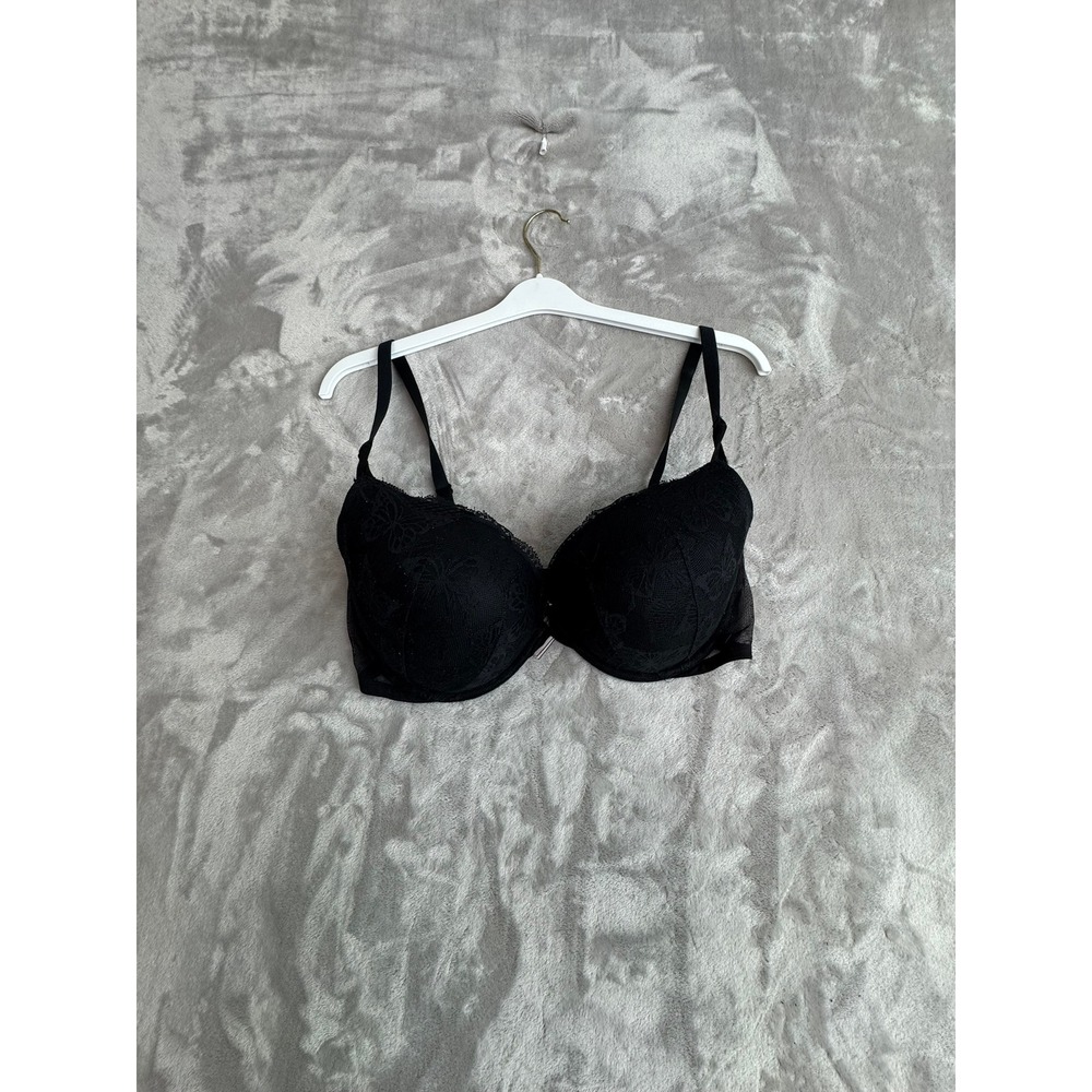 Victorias Secret Black Floral Lace Push Up Bra‎ 38DD Underwire Mesh Wings